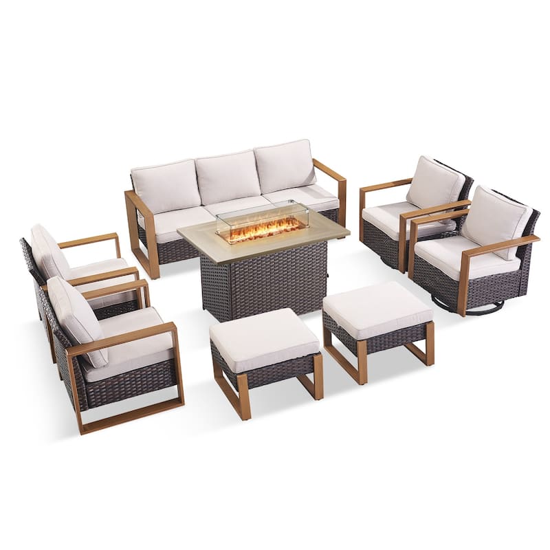 Pocassy 8 Pieces Outdoor Sofa Chair Ottoman with Fire Pit Table Set