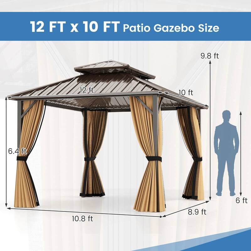 Costway 12 x 10 FT Hardtop Gazebo with Netting Heavy-Duty Double-Roof - Coffee