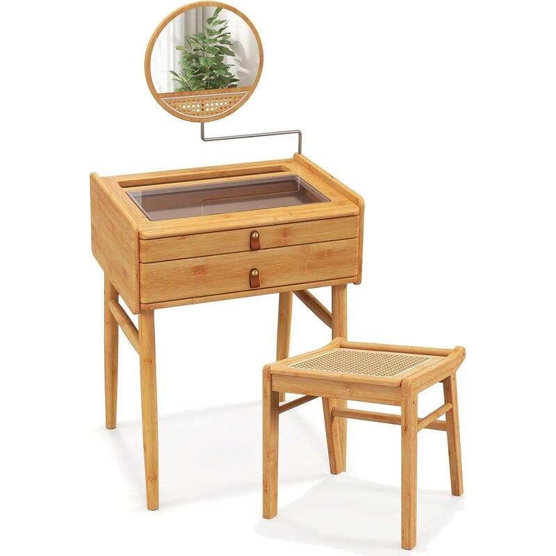 Gymax Vanity Table Set Bamboo Makeup Dressing Desk Stool Tempered