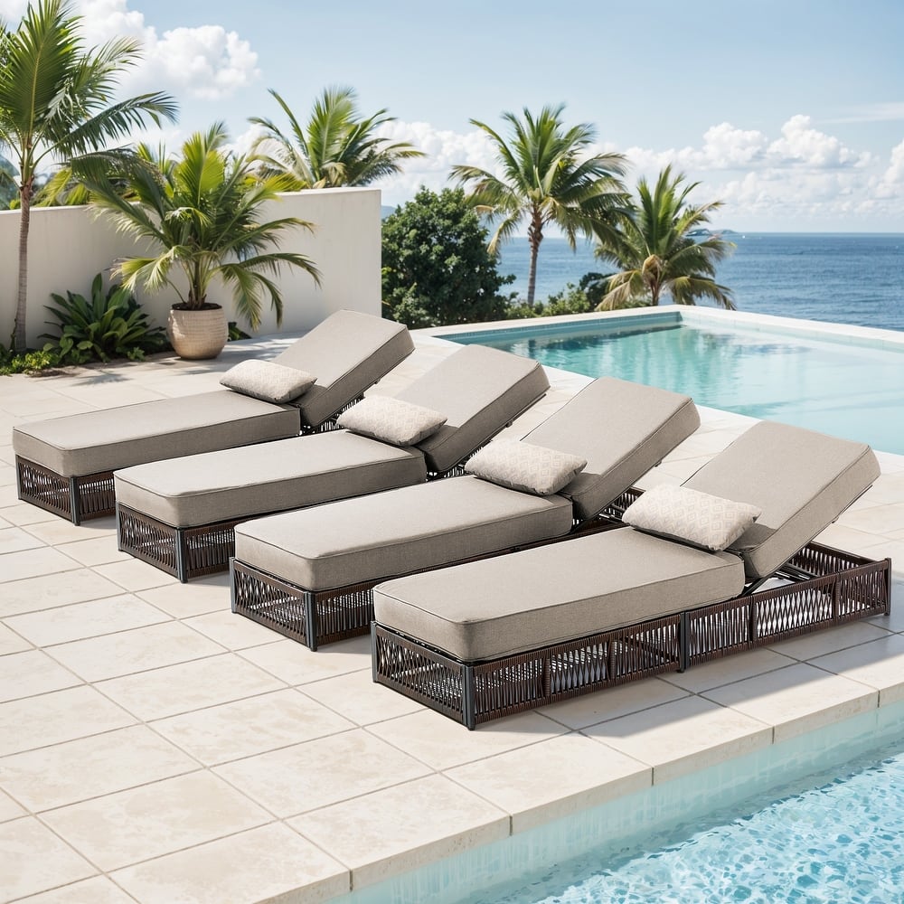 ArcoBay Brown Wicker Outdoor Patio Chaise Lounge with 5-Inch Thick Cushions (4-Pack)