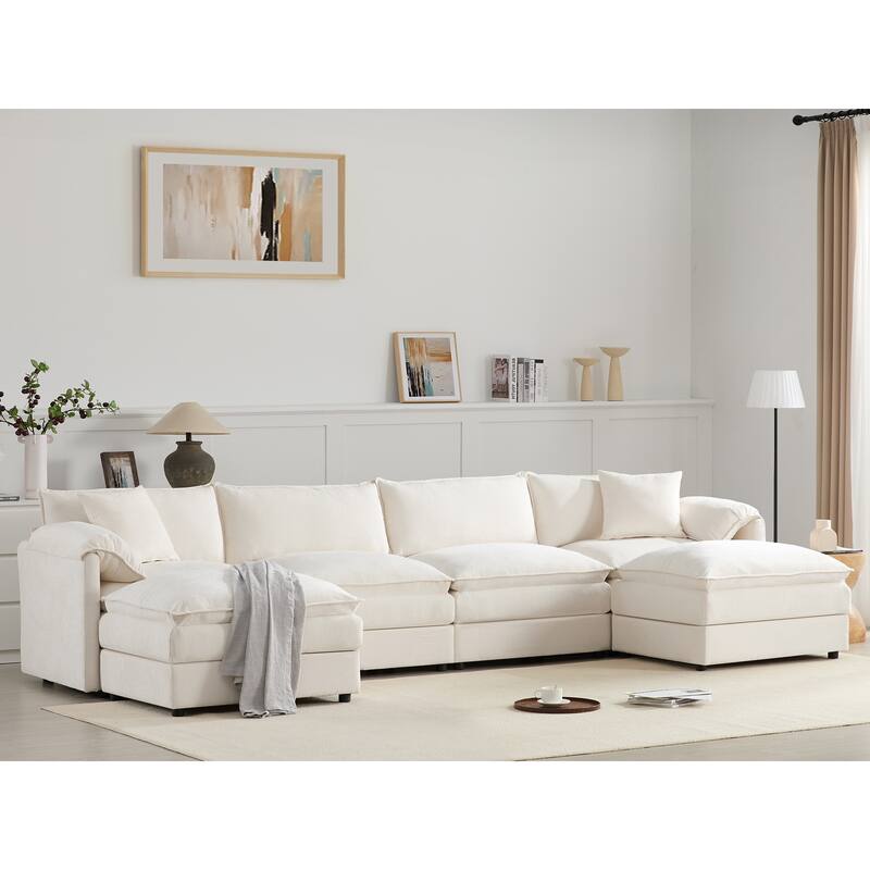 Roomfitters 136" Chenille Sectional Sofa, U Shaped Cloud Couch with Deep Wide Seat, 6 Seat Sofa with Ottoman
