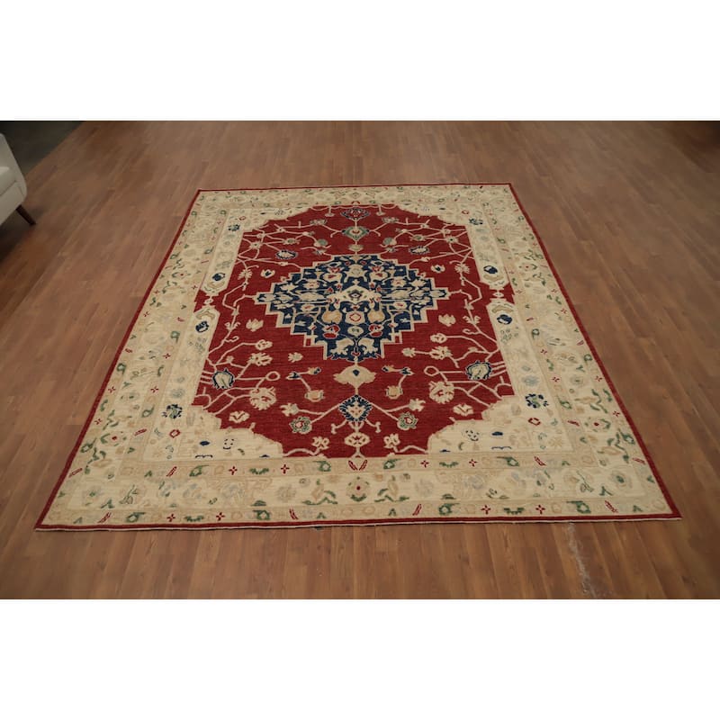 Hand Knotted Oriental 100% Wool Carpet Transitional Medallion Red Oushak Area Rug - 9' 8'' X 8' 2''