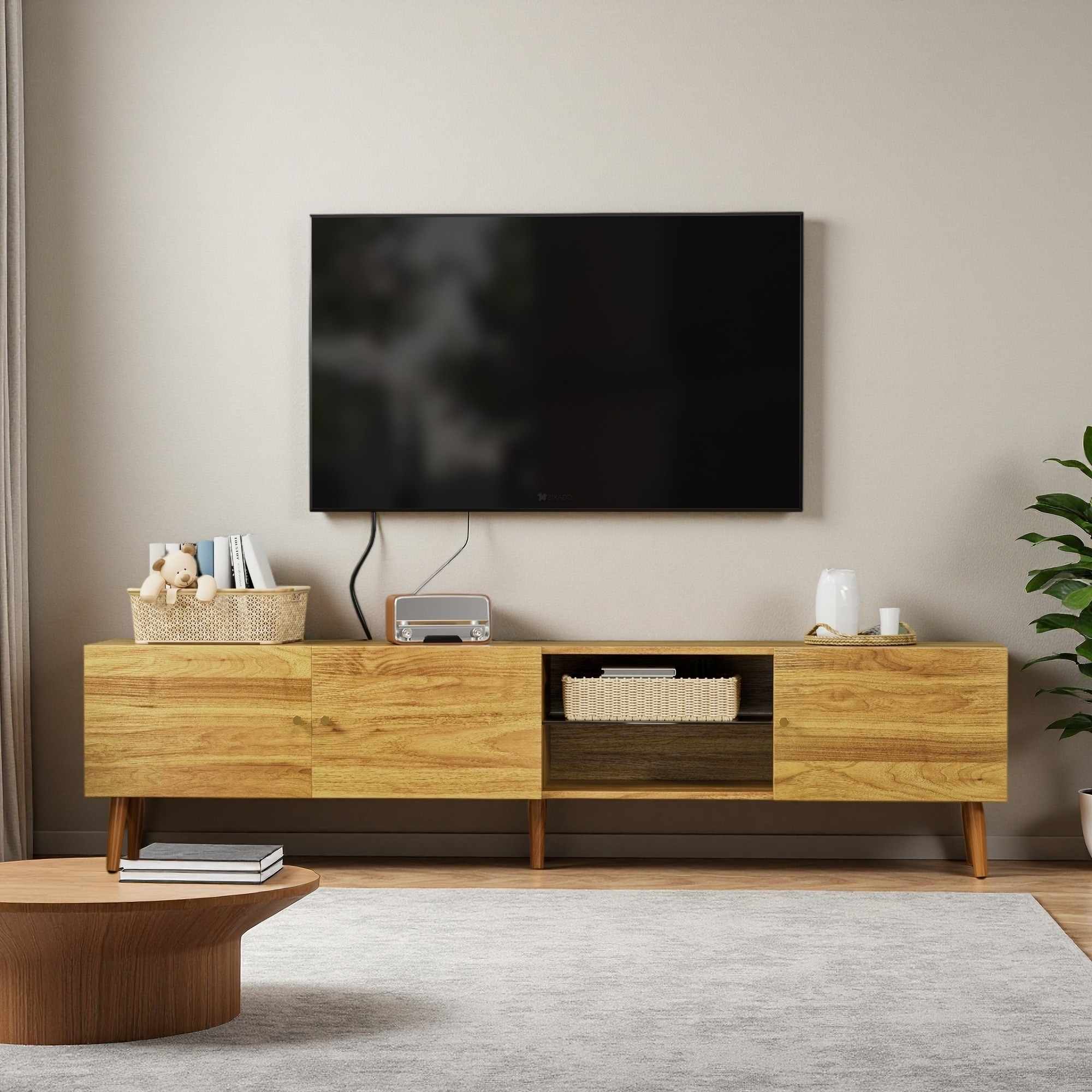 70" Mid-Century Modern TV Stand with Cabinets & Wood Media Console