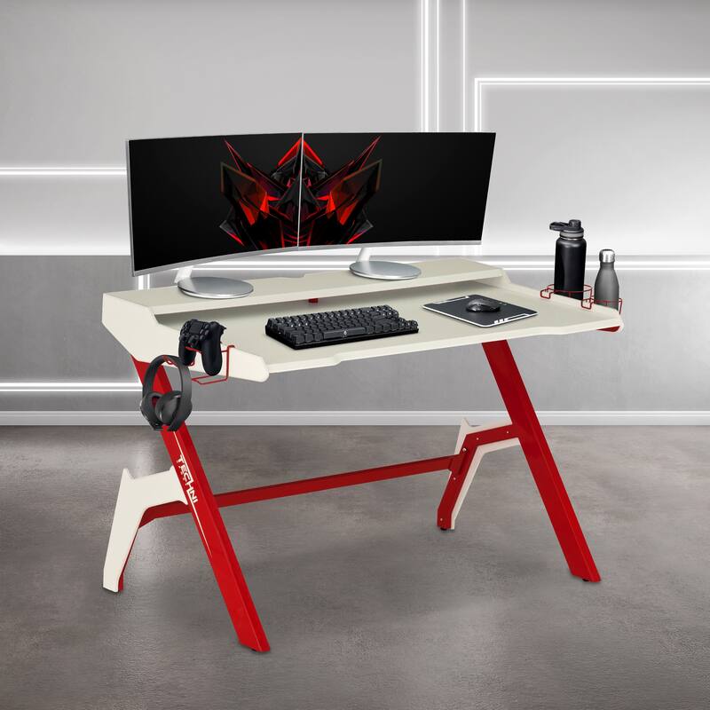 Sport Ergonomic Computer Gaming Desk Workstation with Cupholder & Headphone Hook, Red - Red