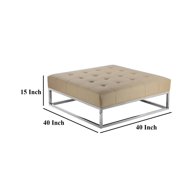 Ipp Ottoman, 40 Inch Square Tufted Beige Faux Leather, Chrome Steel