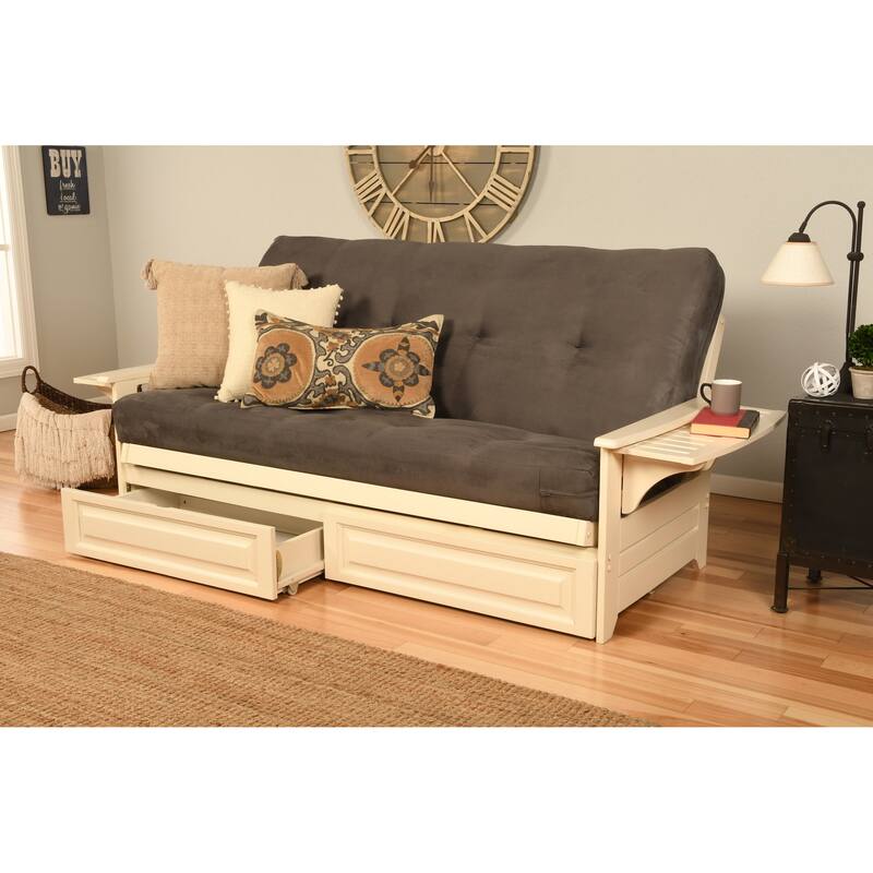 Somette Phoenix Futon Set in Antique White Wood with Innerspring Mattress and Storage Drawers - Suede Gray