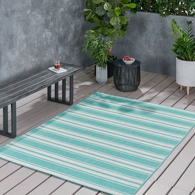 Outdoor Rugs, Blue Stripe Pattern Rugs, Camping Rugs, 5*7 Feet Blue Rugs, Blue Boho Oriental Rugs for Backyard