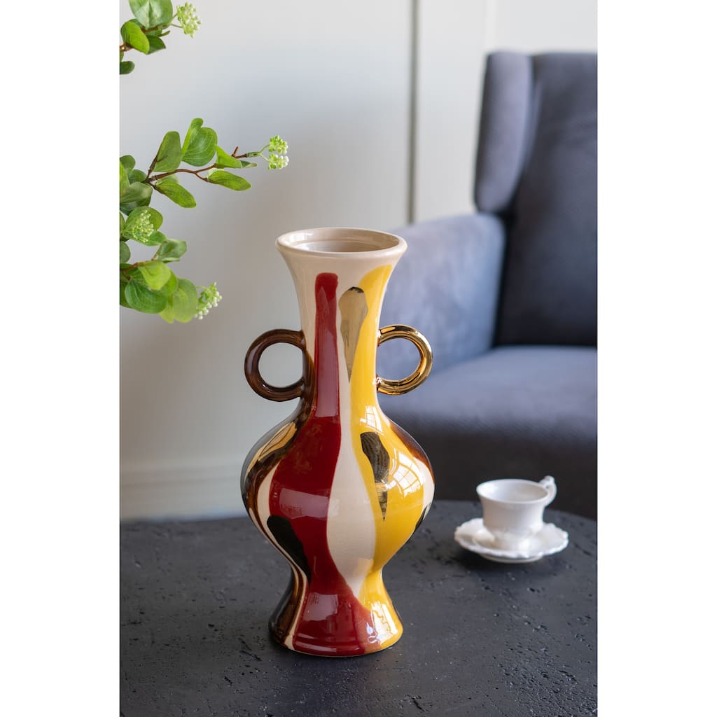 6.4x6.4x13.8" Round Ceramic Vase with Abstract Multicolored Finish and Small Handles