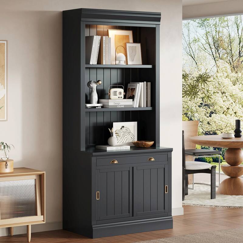 83.4" Tall Bookshelf with LED Lighting, Sliding Doors and Open Shelves