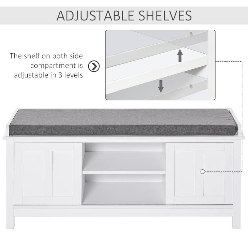White Linen Shoe Storage Bench with Foam Seat and Sliding Doors - 44" W x 15.75" D x 19.75" H