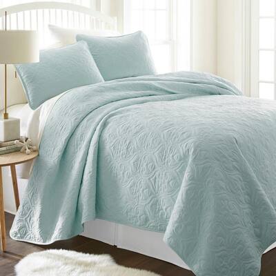 3pc King/Cal King Quilted Coverlet Set Softest Damask Pale Blue