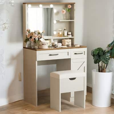 Farmhouse Makeup Vanity Desk with Mirror, Lights, Adjustable Shelves, 2 Drawers & Stool, White with Brown Accents