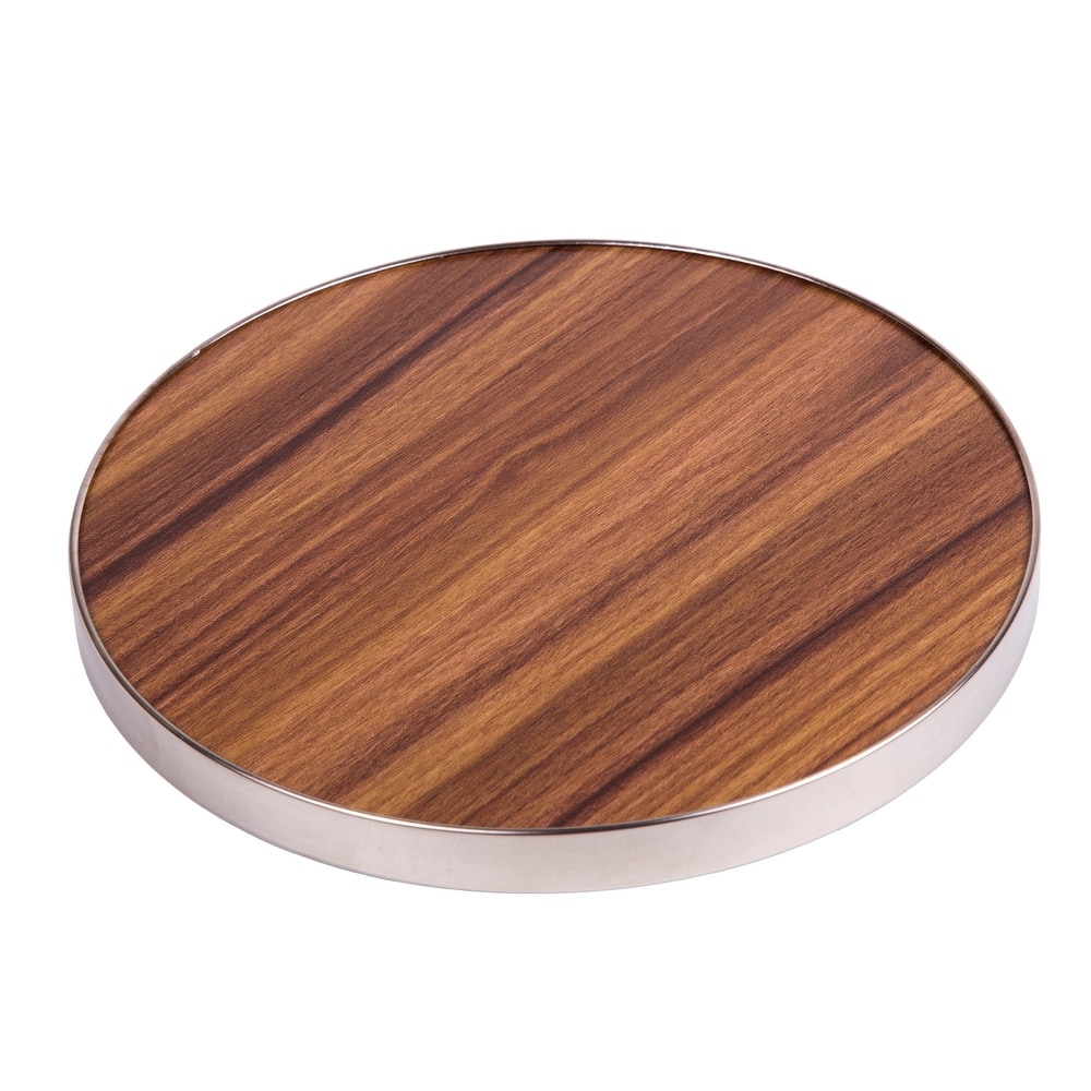 Creative Home Fiber 7" Round Trivet, Serving Board Acacia Wood Finish and Stainless Steel Trim
