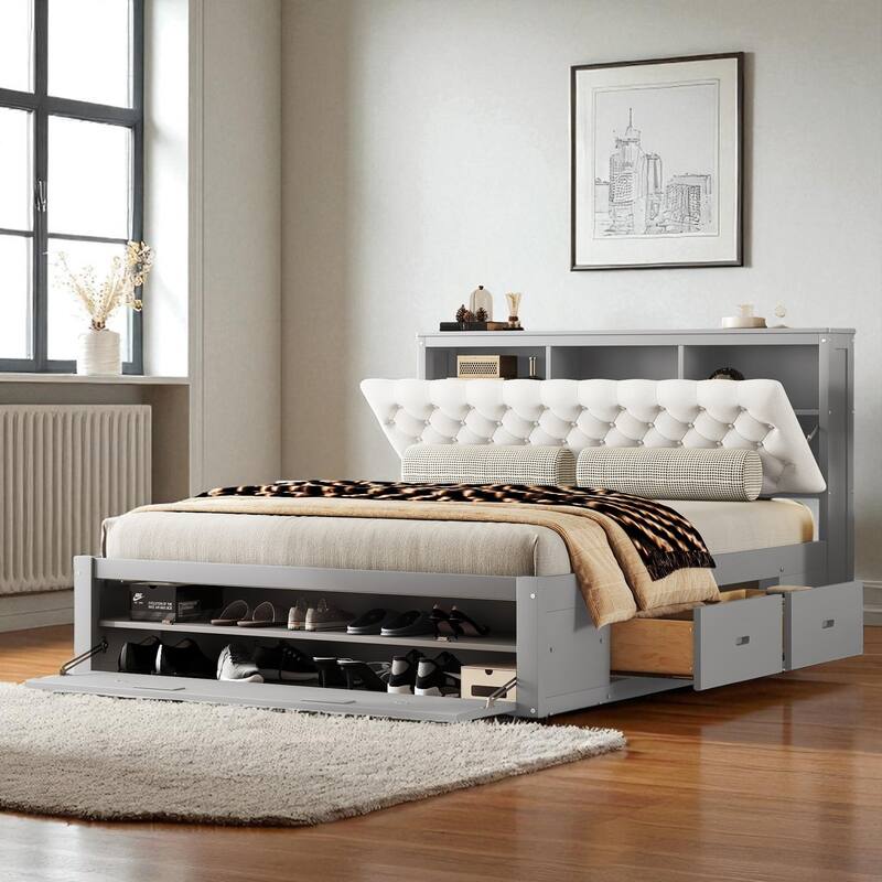 Queen Size Wooden Platform Bed with Upholstered Headboard, 4 Drawers, Storage Shelves & Shoe Rack