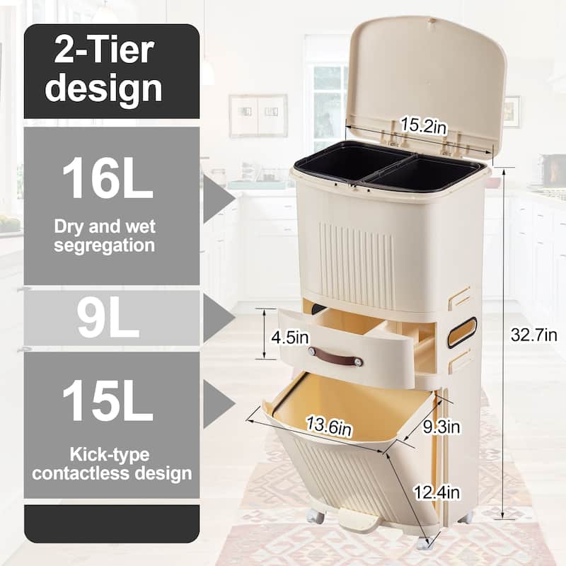 Plastic Trash Cans with Wheels, Garbage Can with Pop-up Lid, 45L/11.88Gal, Dry and Wet Separation Trash Bin, Waste Basket