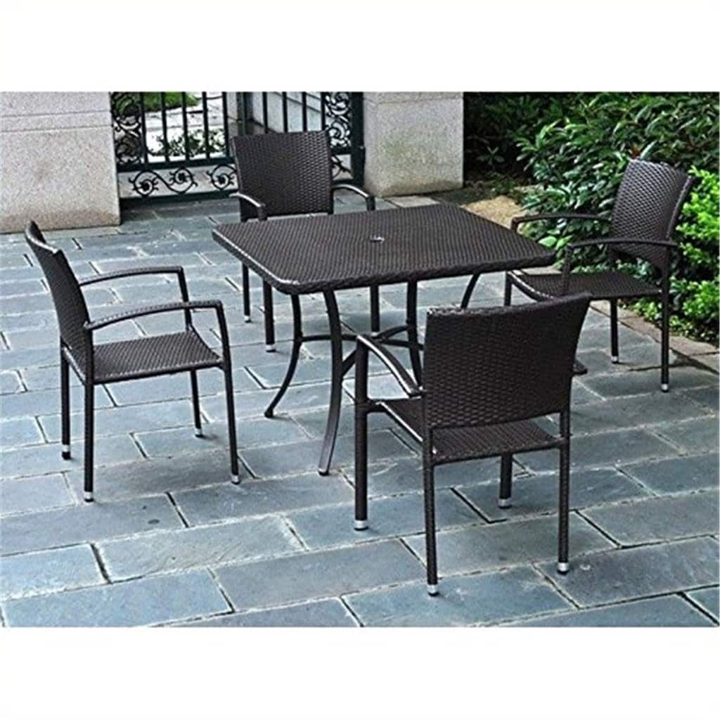 Modern Square Dining Set - Outdoor Patio Bistro Group - Resin Wicker Table & 4 Chairs