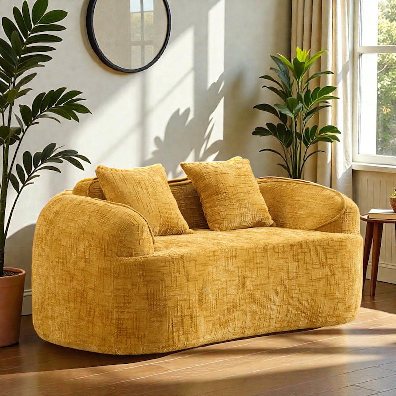 Curved 2 Seater Compressed Sofa Loveseat, Chenille Upholstered Couch with Armrests and Pillows, No Assembly - Yellow