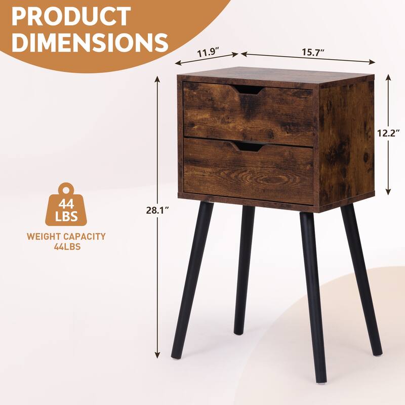Modern Nightstand with 2 Drawers, Solid Wood Legs, Spacious Storage, Rustic Brown End Table for Bedroom or Living Room