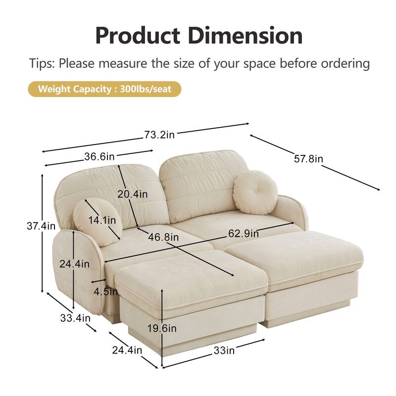 GDFStudio Sylvie Ashworth Chenille Cloud U-Shaped Loveseat Sofa with Movable Ottomans, Deep Seat