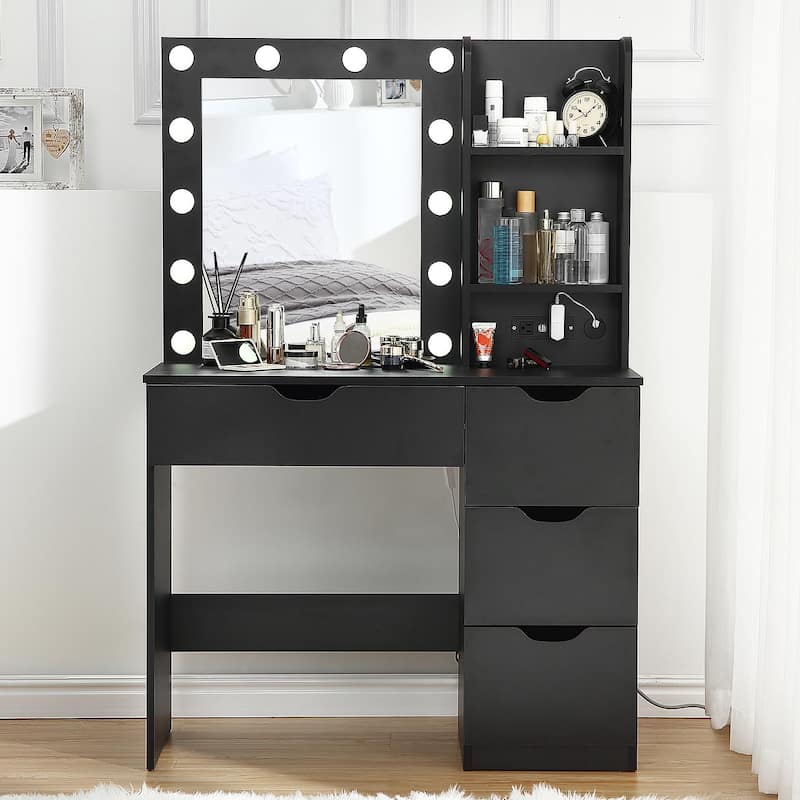 White Makeup Vanity Desk with Mirror and Lights - 15.2"D x 35.4"W x 55.1"H