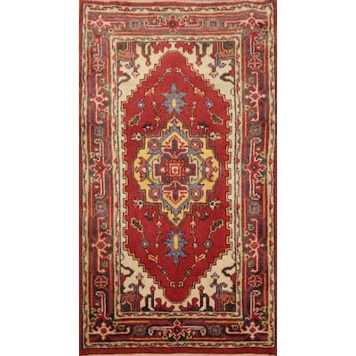Hand Knotted Oriental 100% Wool Carpet Traditional Geometric Red Heriz (serapi) Area Rug - 5' 2'' X 2' 11''