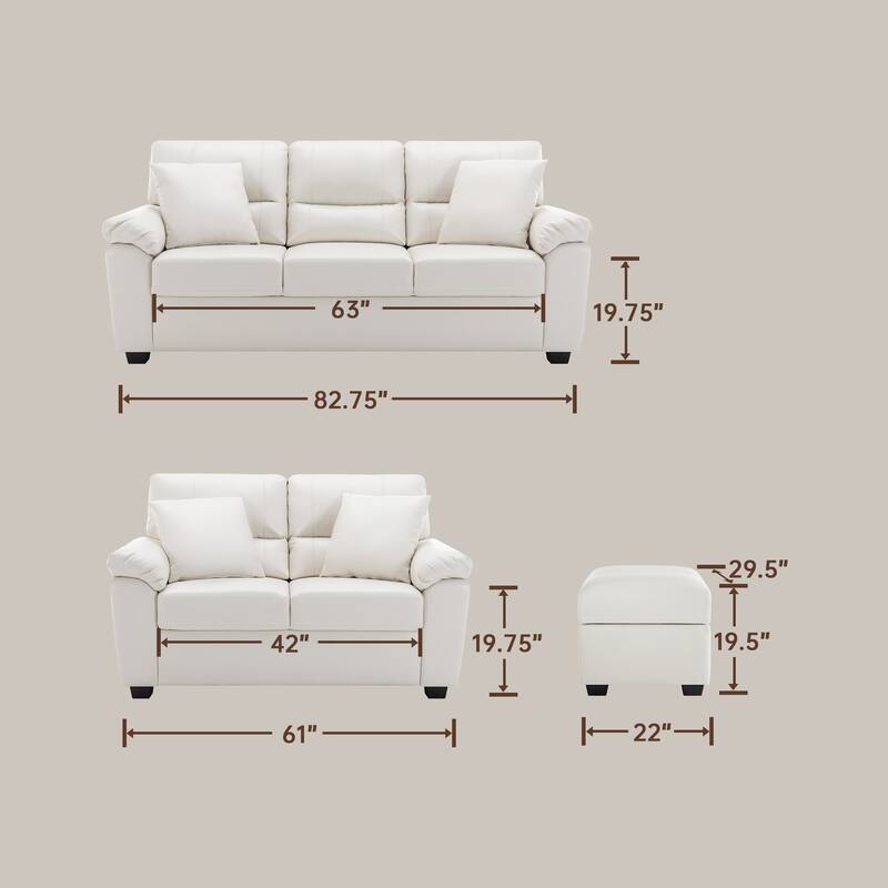 Upholstered Living Room Set, 3 Pieces - Faux Leather Loveseat, Sofa with Ottoman