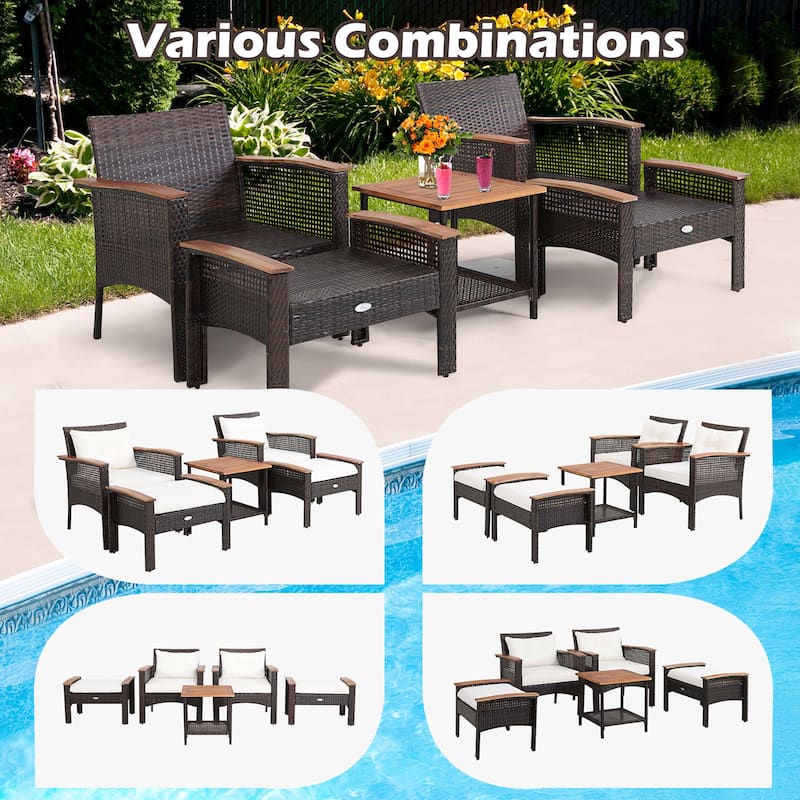 Costway 5PCS Patio Rattan Furniture Set Acacia Wood Table Armrest - 20''x 20''x 20''
