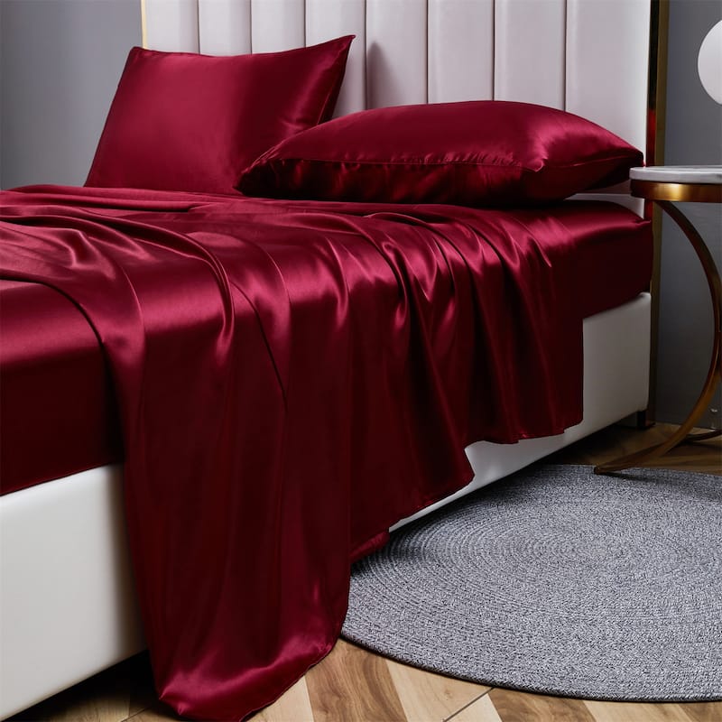 Silky Satin Bed Sheets Set Pillowcase Deep Pocket Flat Fitted Sheet