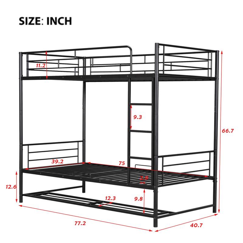 Metal Bunk Bed with Bottom Shelf and Full-Length Guardrails, Converts to Two Beds