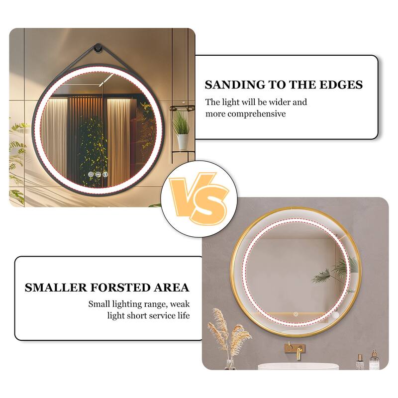 Round Black Framed Bathroom Mirrors Vanity Lighting with Microfiber Leather Hanging Strap