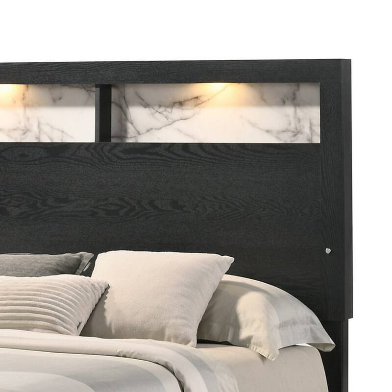 Yoh Queen Size Bed, Wood, Headboard with Lights and Shelves, Black