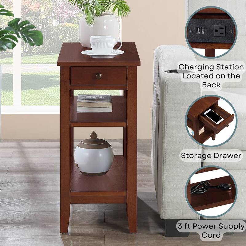 Convenience Concepts American Heritage 1 Drawer Chairside End Table with Charging Station and Shelves