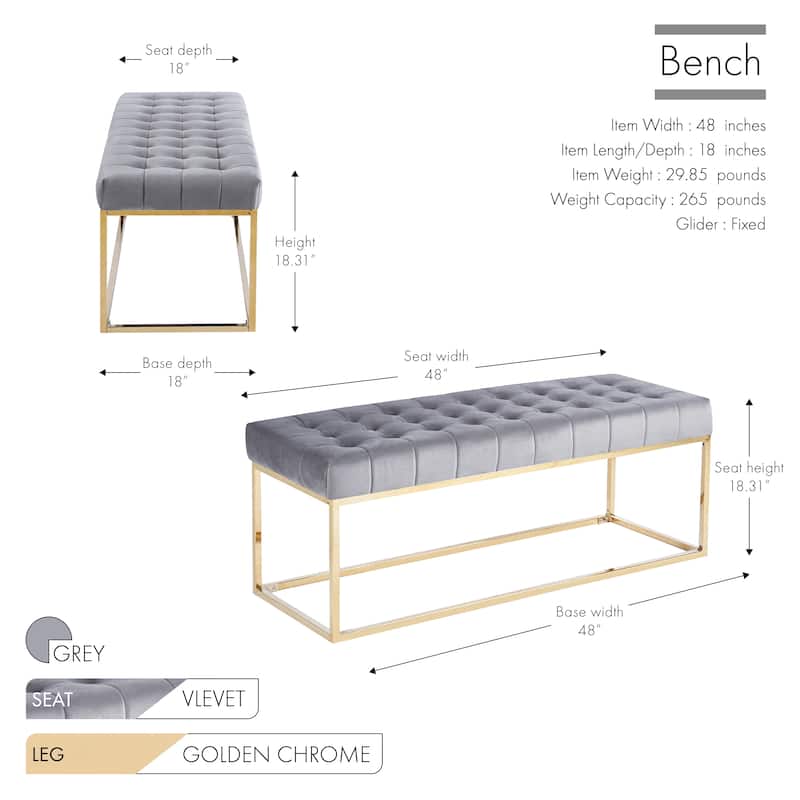 Porthos Home Wenn Tufted Velvet Bench with Gold Chrome Legs