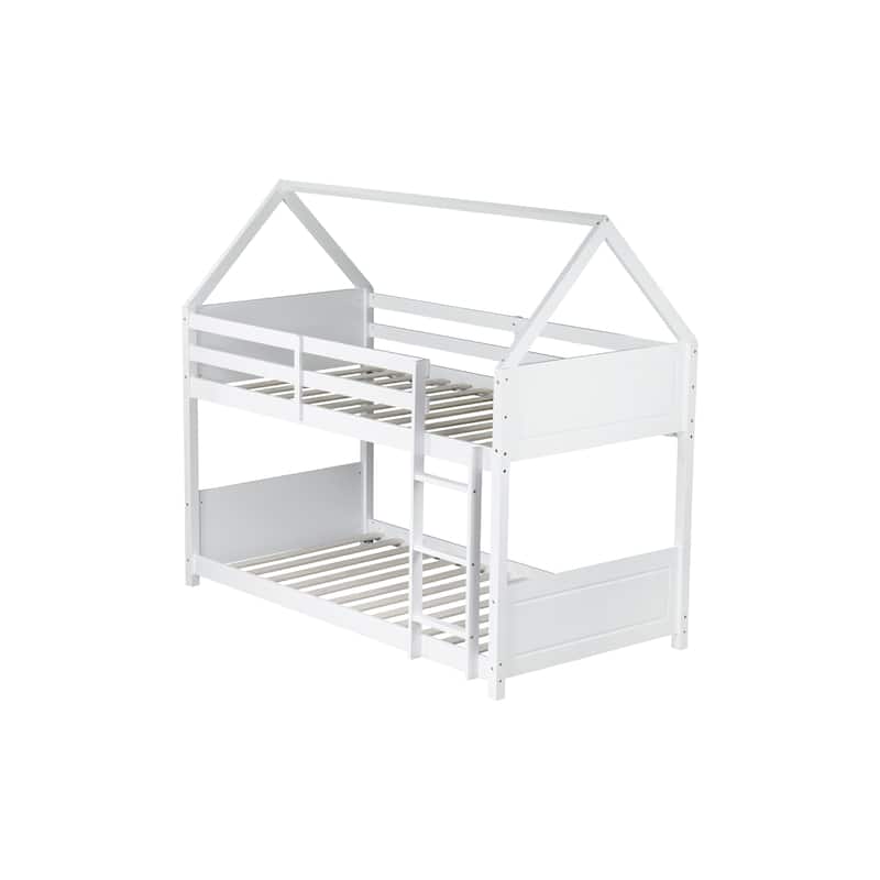 Twin Over Twin House Floor Bunk Bed with Headboards, Footboards, Guardrails, and Ladder, White