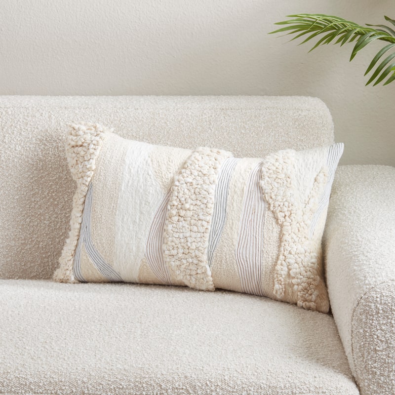 Embroidered Stripe Cotton Throw Pillow - Textured Loop & Stitch Design for Sofa, Bed & Accent Styling