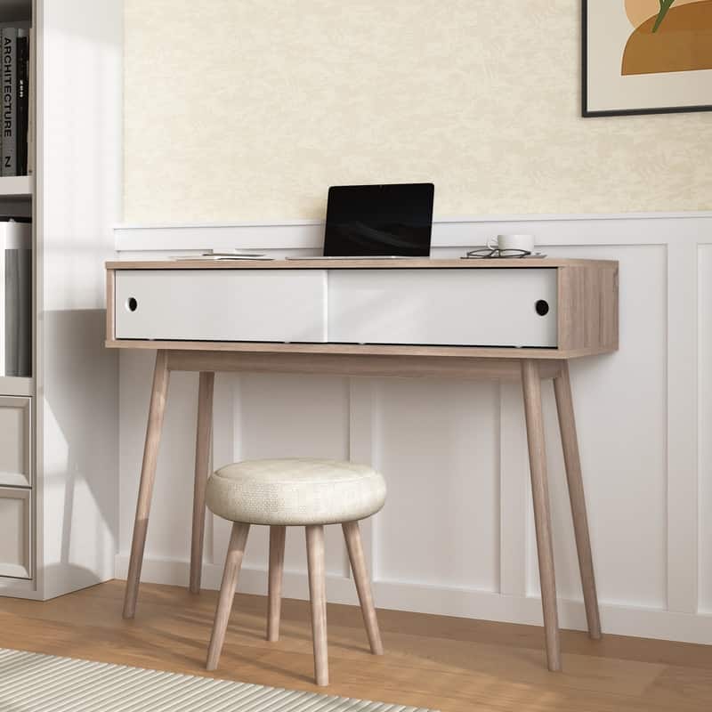 Natural Wood Entryway Console Table with 2 Sliding Doors, Storage Sofa Table for Hallway & Living Room