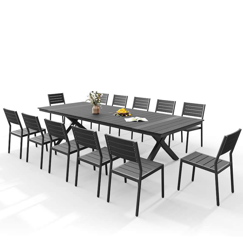 VredHom 13PC Aluminum X Frame Outdoor Patio Dining Set Table with Chairs Umbrella Hole - Table-Black&Chair-Black