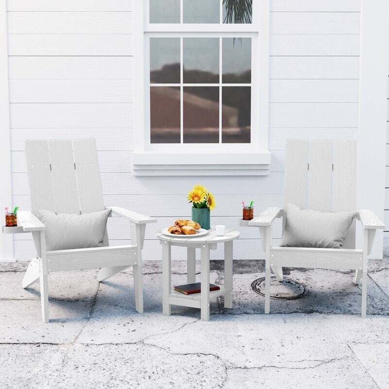WINSOON 3-Piece All Weather HIPS Outdoor Cup Holder Adirondack Chairs and Table Set - White
