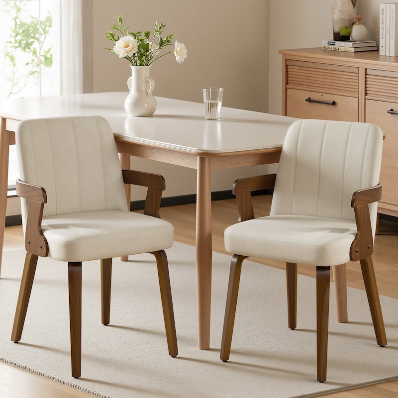 Mid-century Modern Upholstered Dining Chairs Bentwood Side Chairs with Armrests - 34.3"H x 19.9"W x 22.1"D - Set of 2 - Beige