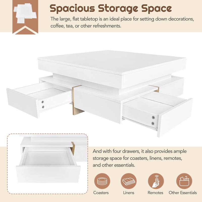 31.5" Modern High Gloss Coffee Table with 4 Drawers and Wood Grain Legs