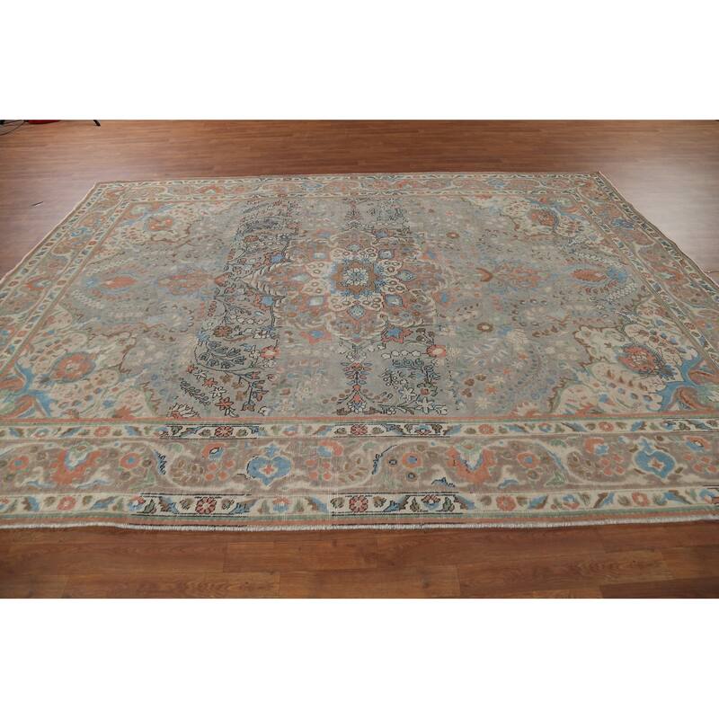 Floral Gray Tabriz Persian Antique Area Rug Handmade Wool Carpet - 8'2"x 11'1"