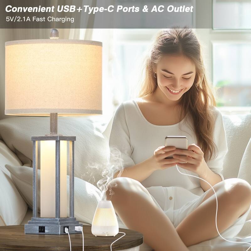 27" Grey Industrial Table Lamps with USB-C Charging, Dual Lighting(Set of 2) - 12.5'' x 12.5'' x 27''