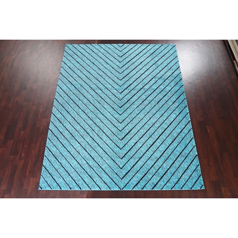 Turquoise Blue Chevron Style Transitional Turkish Rug Oriental Carpet