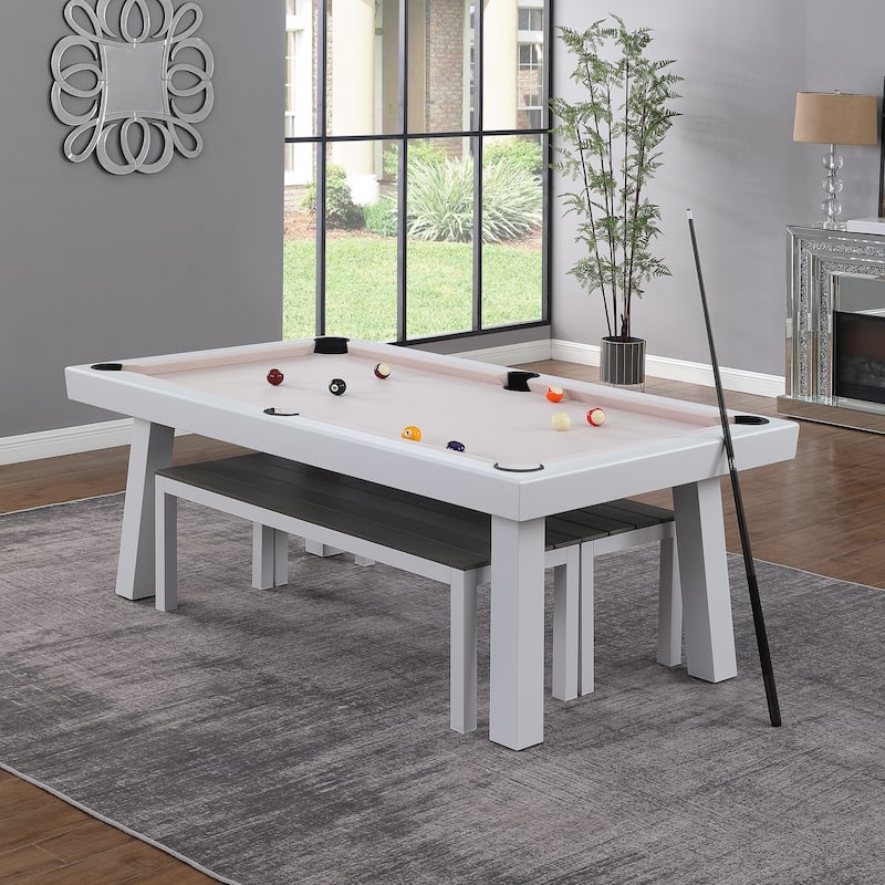 Laguna Indoor/Outdoor 7ft Slate Pool Table Dining Set with 2 Benches & Accessories, White Finish