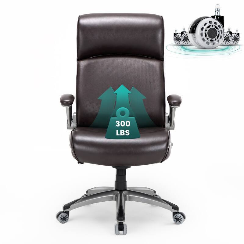Big & Tall Office Chair 300lbs - Ergonomic High Back with Lumbar Support, Flip-Up Arms & Leather Cushion - Brown