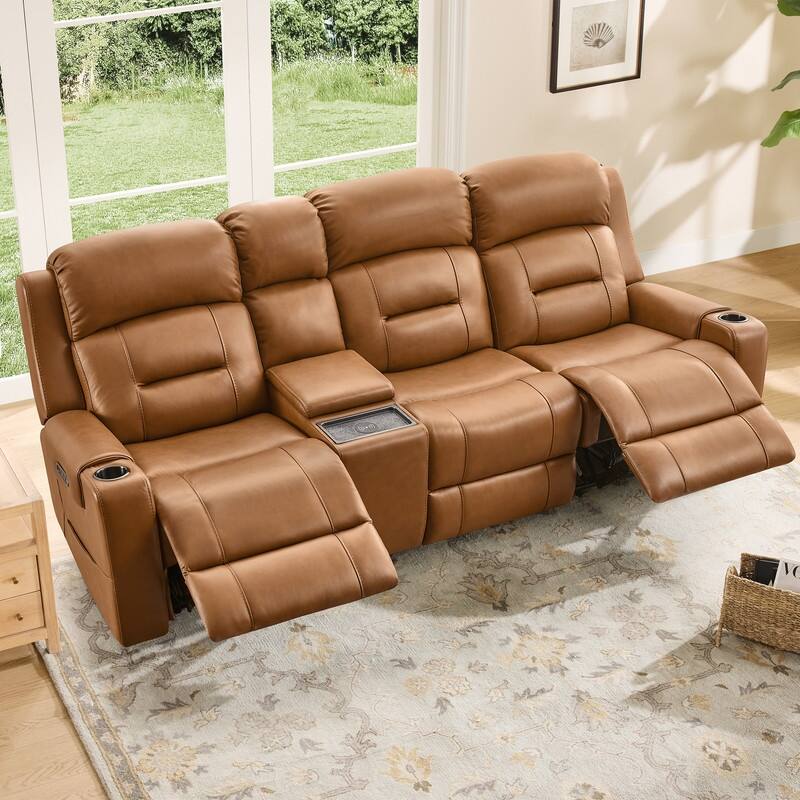 Spruce & Spring Genuine Leather Power Reclining Sofa with Wireless Charging - 3PC+Console - Saddle