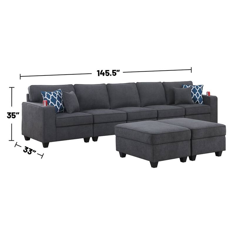 Woven Upholstered 5-Seater Sofa with 2 Ottomans in Stone Gray