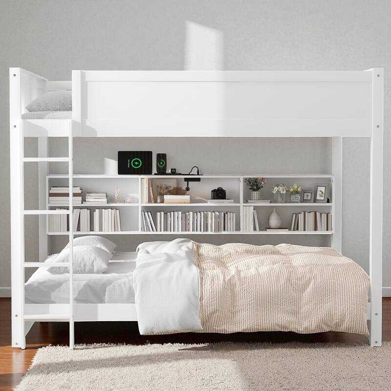 Queen over Queen Bunk Bed with Storage Cabinets, Guardrails and Built-in USB Charging Ports, Solid Wood Frame