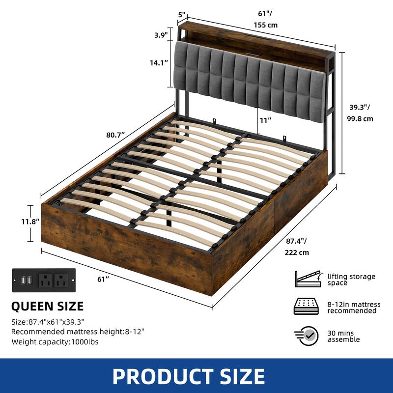 Moasis Lift-Up Storage Bed Frame with Charging Station & Storage Headboard