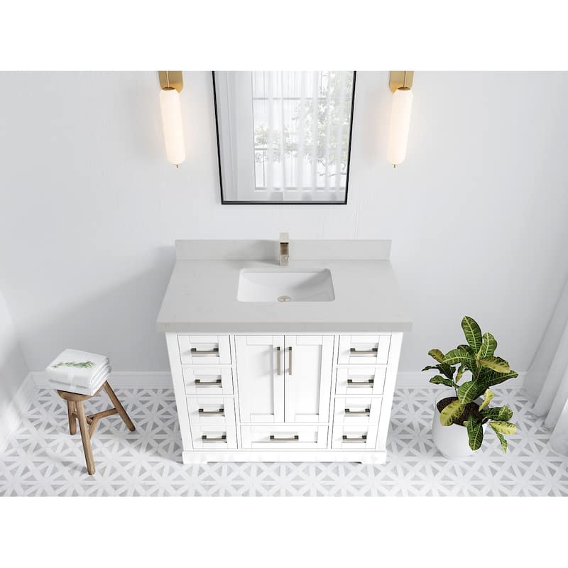 Willow Collection 42 in W x 22 in D x 36 in H Boston Single Bowl Sink Bathroom Vanity with Countertop - 2"Carrara Quartz - White